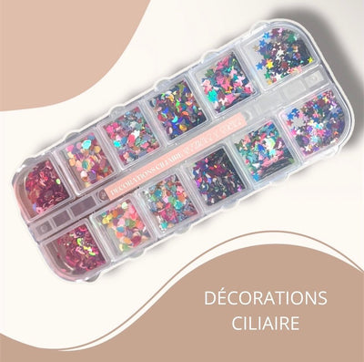 boîte de décorations ciliaires - 6 formes multicolores (papillon, étoile, fleur, lune, bouche, cœur)